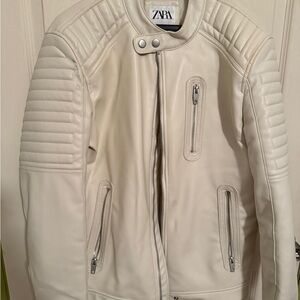 Zara Men's Off-White Leather Bomber Jacket